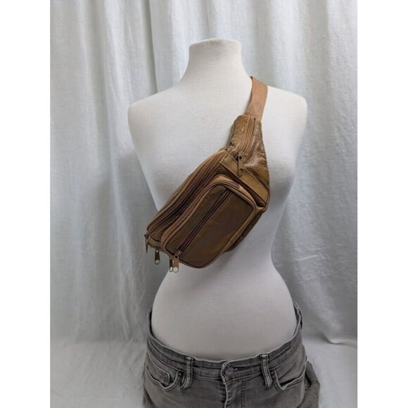 Tan leather patchwork 6 zipper pocket adjustable fanny pack, belt bag G6 - Picture 2 of 9